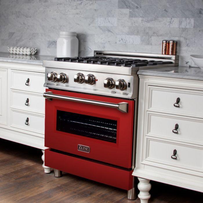 ZLINE 30 in. Gas Range with Red Matte Door & 30 in. Range Hood Appliance Package, 2KP-RGRMRH30