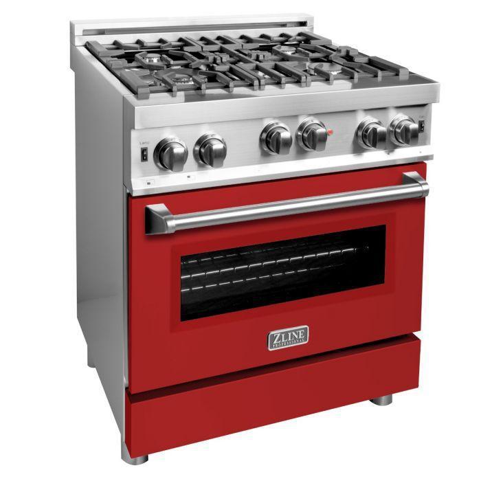 ZLINE 30 in. Gas Range with Red Matte Door & 30 in. Range Hood Appliance Package, 2KP-RGRMRH30