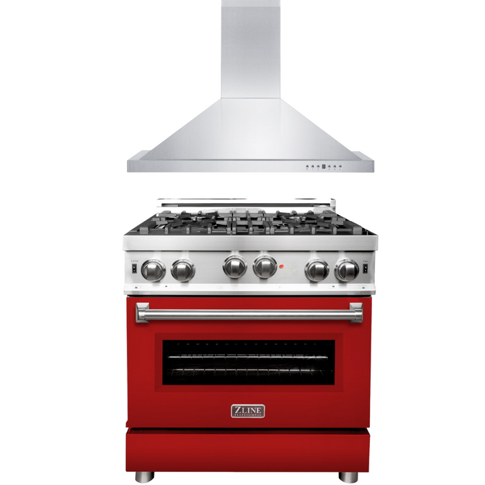 ZLINE 30 in. Gas Range with Red Matte Door & 30 in. Range Hood Appliance Package, 2KP-RGRMRH30