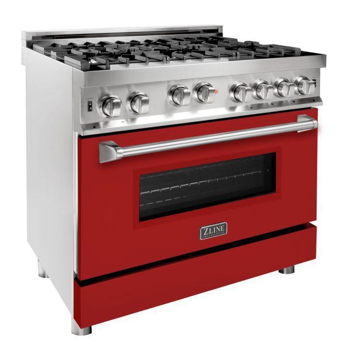 ZLINE 36 in. Gas Range with Red Matte Door & 36 in. Range Hood Appliance Package, 2KP-RGRMRH36