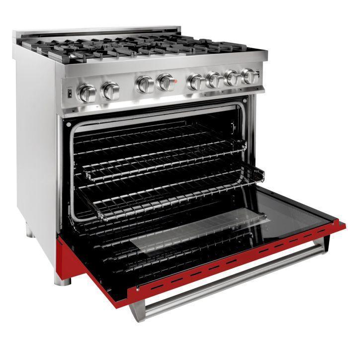 ZLINE 36 in. Gas Range with Red Matte Door & 36 in. Range Hood Appliance Package, 2KP-RGRMRH36