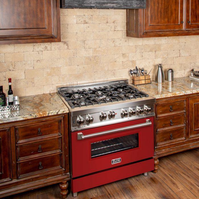 ZLINE 36 in. Gas Range with Red Matte Door & 36 in. Range Hood Appliance Package, 2KP-RGRMRH36