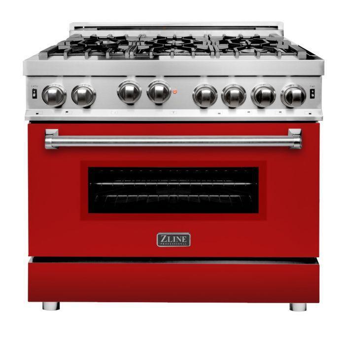 ZLINE 36 in. Gas Range with Red Matte Door & 36 in. Range Hood Appliance Package, 2KP-RGRMRH36