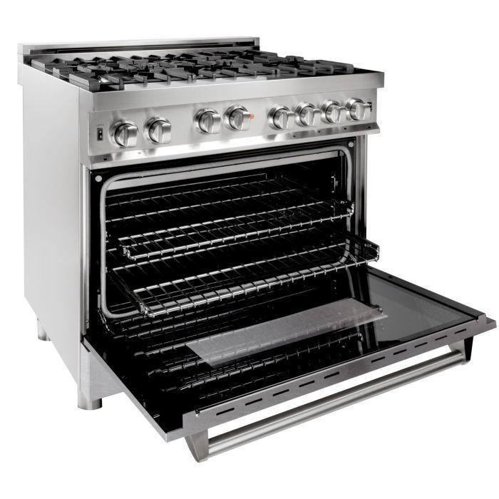 ZLINE 36 in. Gas Range with DuraSnow® Door & 36 in. Range Hood Appliance Package, 2KP-RGSNRH36