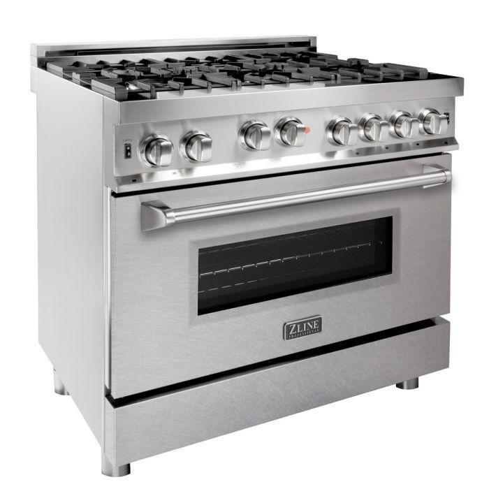 ZLINE 36 in. Gas Range with DuraSnow® Door & 36 in. Range Hood Appliance Package, 2KP-RGSNRH36