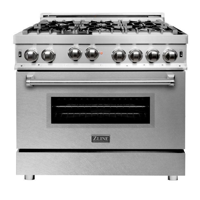 ZLINE 36 in. Gas Range with DuraSnow® Door & 36 in. Range Hood Appliance Package, 2KP-RGSNRH36