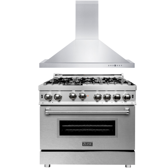 ZLINE 36 in. Gas Range with DuraSnow® Door & 36 in. Range Hood Appliance Package, 2KP-RGSNRH36