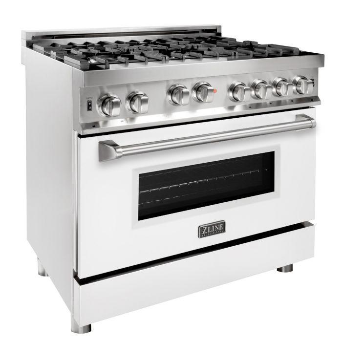 ZLINE 36 in. Gas Range with White Matte Door & 36 in. Range Hood Appliance Package, 2KP-RGWMRH36