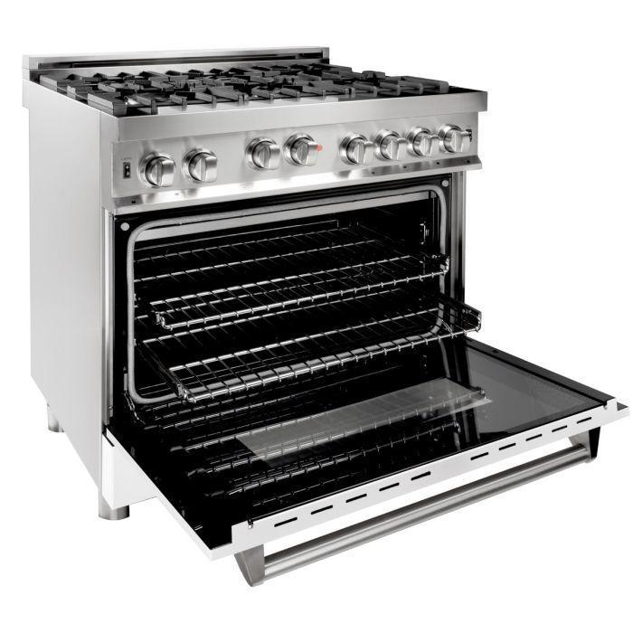 ZLINE 36 in. Gas Range with White Matte Door & 36 in. Range Hood Appliance Package, 2KP-RGWMRH36