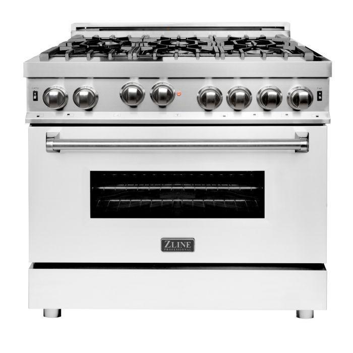 ZLINE 36 in. Gas Range with White Matte Door & 36 in. Range Hood Appliance Package, 2KP-RGWMRH36