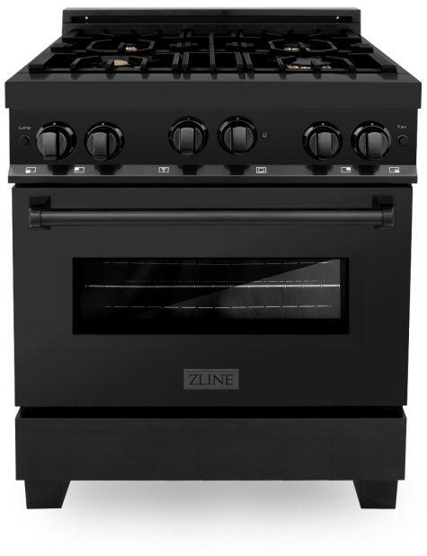 ZLINE Appliance Package - 30 in. Dual Fuel Range, Range Hood, Microwave Drawer, Refrigerator in Black Stainless, 4KPR-RABRH30-MW