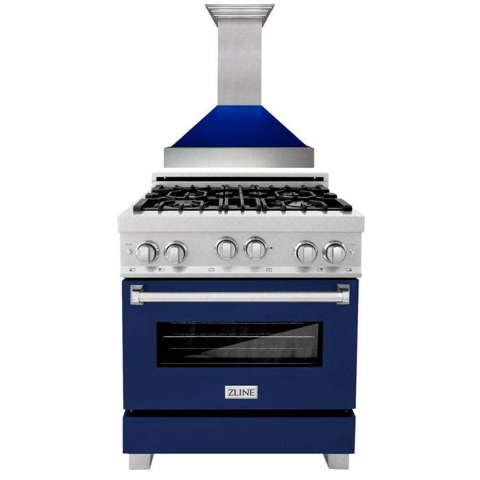 ZLINE 30" Professional Gas Range in DuraSnow® with Blue Gloss Door & 30" Range Hood Appliance Package, 2KP-RGSBGRH30