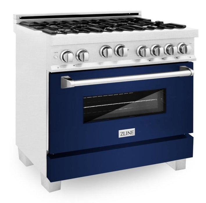 ZLINE 36" Professional Gas Range in DuraSnow® with Blue Gloss Matte Door & 36" Range Hood Appliance Package, 2KP-RGSBGRH36