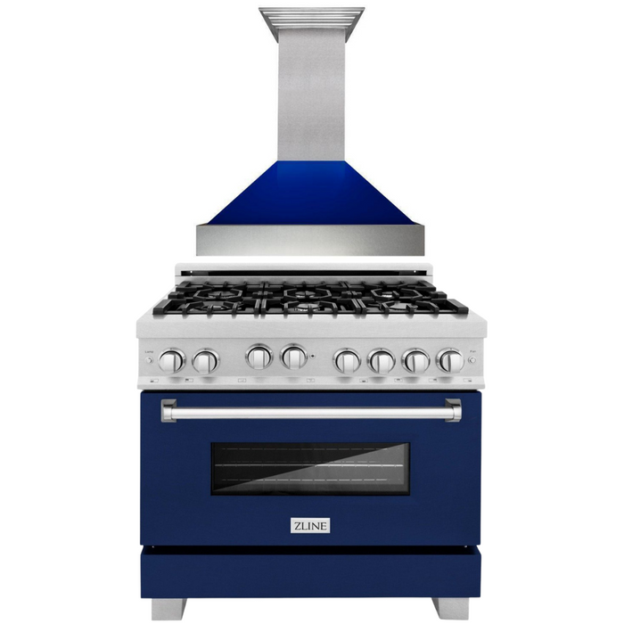 ZLINE 36" Professional Gas Range in DuraSnow® with Blue Gloss Matte Door & 36" Range Hood Appliance Package, 2KP-RGSBGRH36