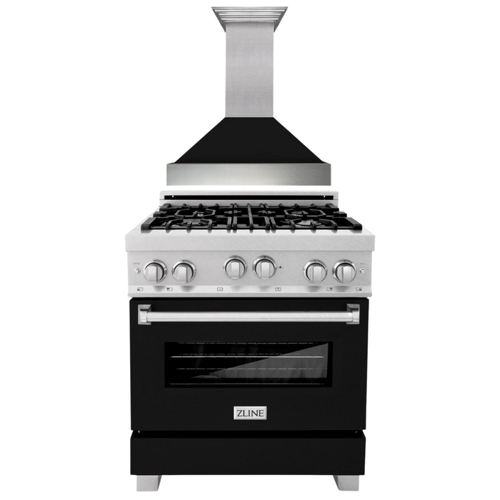 ZLINE 30" Professional Gas Range in DuraSnow® with Black Matte Door & 30" Range Hood Appliance Package, 2KP-RGSBLMRH30