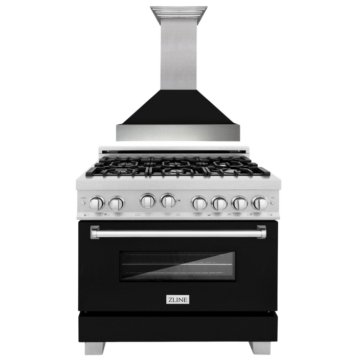 ZLINE 36" Professional Gas Range in DuraSnow® with Black Matte Door & 36" Range Hood Appliance Package, 2KP-RGSBLMRH36