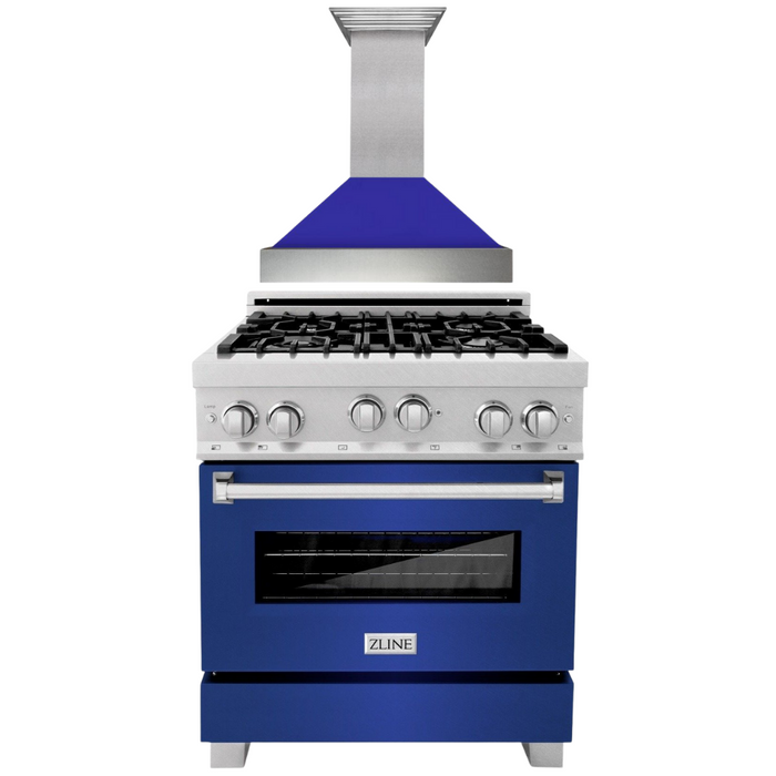 ZLINE 30" Professional Gas Range in DuraSnow® with Blue Matte Door & 30" Range Hood Appliance Package, 2KP-RGSBMRH30