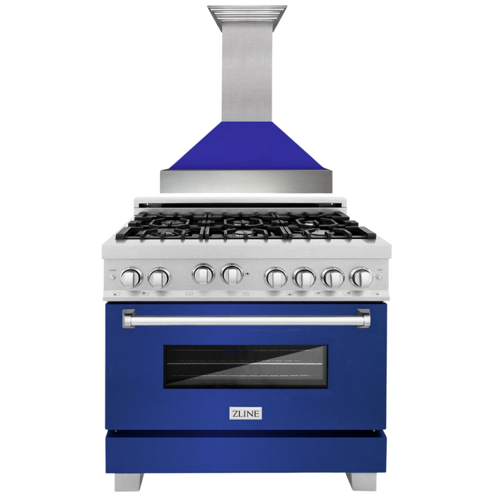 ZLINE 36" Professional Gas Range in DuraSnow® with Blue Matte Door & 36" Range Hood Appliance Package, 2KP-RGSBMRH36