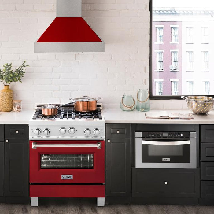 ZLINE 30" Professional Gas Range in DuraSnow® with Red Gloss Door & 30" Range Hood Appliance Package, 2KP-RGSRGRH30