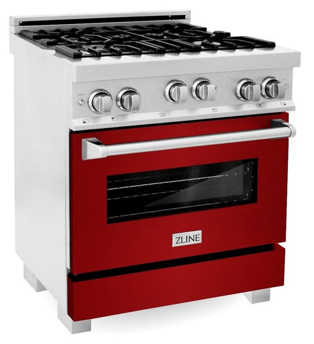 ZLINE 30" Professional Gas Range in DuraSnow® with Red Gloss Door & 30" Range Hood Appliance Package, 2KP-RGSRGRH30