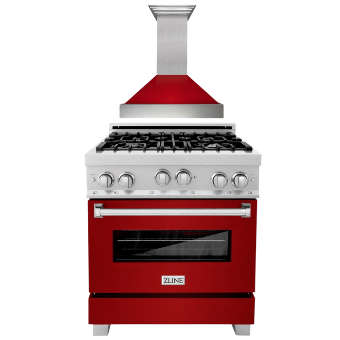 ZLINE 30" Professional Gas Range in DuraSnow® with Red Gloss Door & 30" Range Hood Appliance Package, 2KP-RGSRGRH30