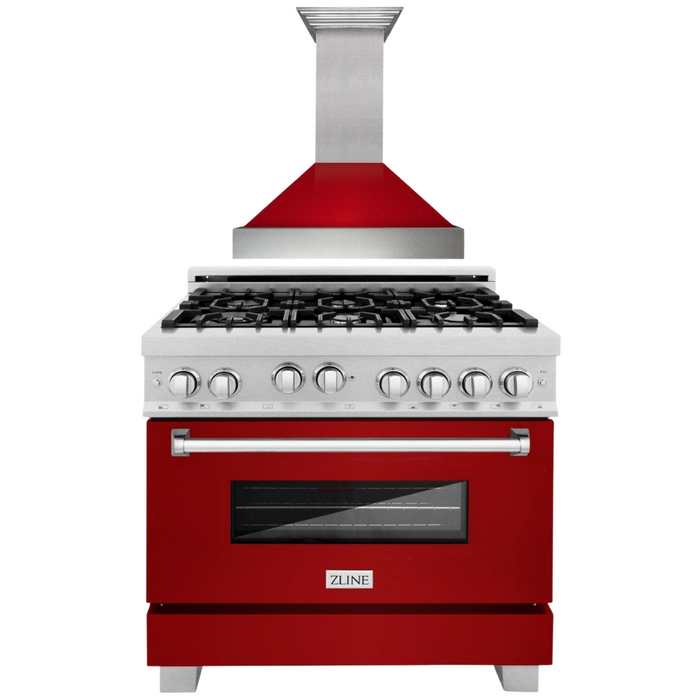 ZLINE 36" Professional Gas Range in DuraSnow® with Red Gloss Door & 36" Range Hood Appliance Package, 2KP-RGSRGRH36