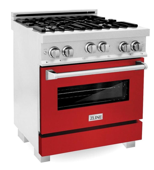 ZLINE 30" Professional Gas Range in DuraSnow® with Red Matte Door & 30" Range Hood Appliance Package, 2KP-RGSRMRH30