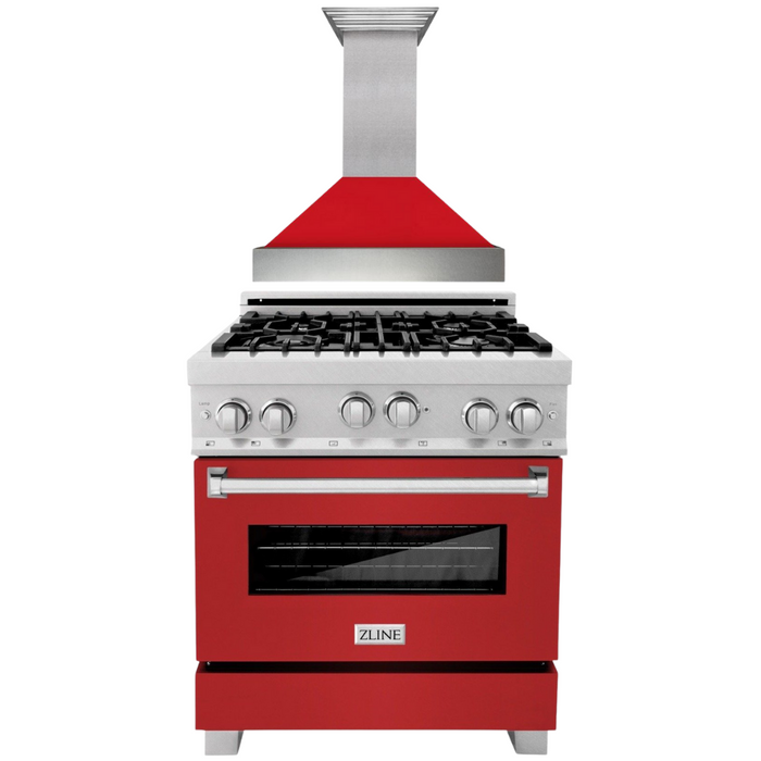 ZLINE 30" Professional Gas Range in DuraSnow® with Red Matte Door & 30" Range Hood Appliance Package, 2KP-RGSRMRH30