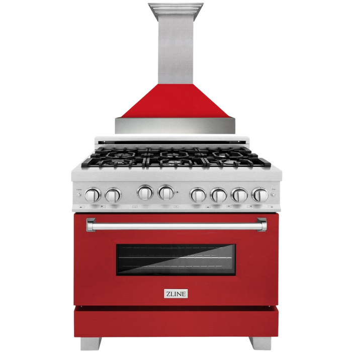 ZLINE 36" Professional Gas Range in DuraSnow® with Red Matte Door & 36" Range Hood Appliance Package, 2KP-RGSRMRH36