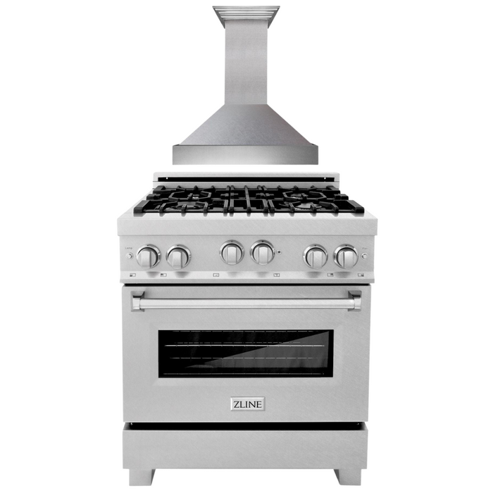 ZLINE 30" Professional Gas Range in DuraSnow® Stainless Steel & 30" Range Hood Appliance Package, 2KP-RGSSNRH30