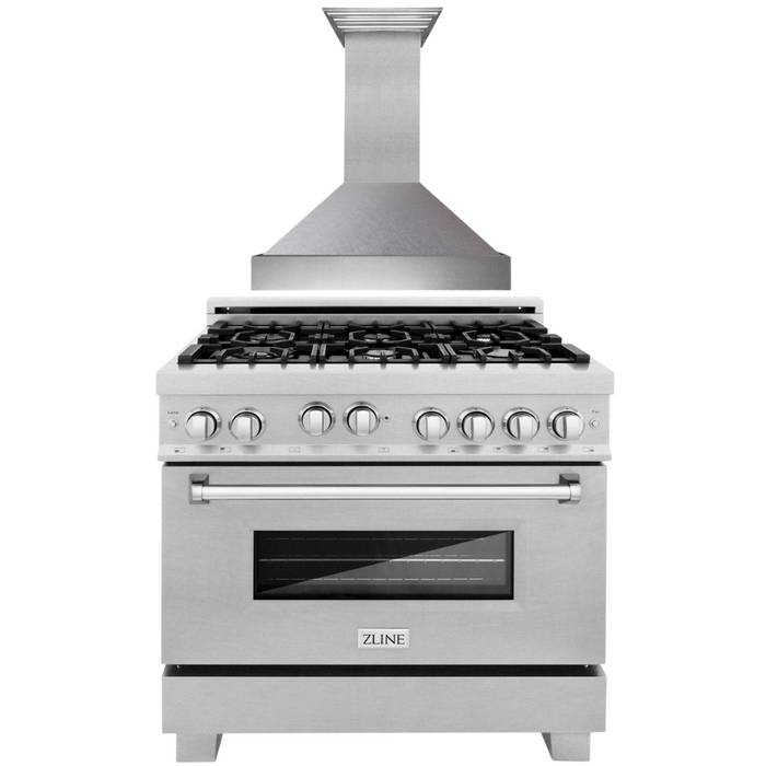 ZLINE 36" Professional Gas Range in DuraSnow® Stainless Steel & 36" Range Hood Appliance Package, 2KP-RGSSNRH36