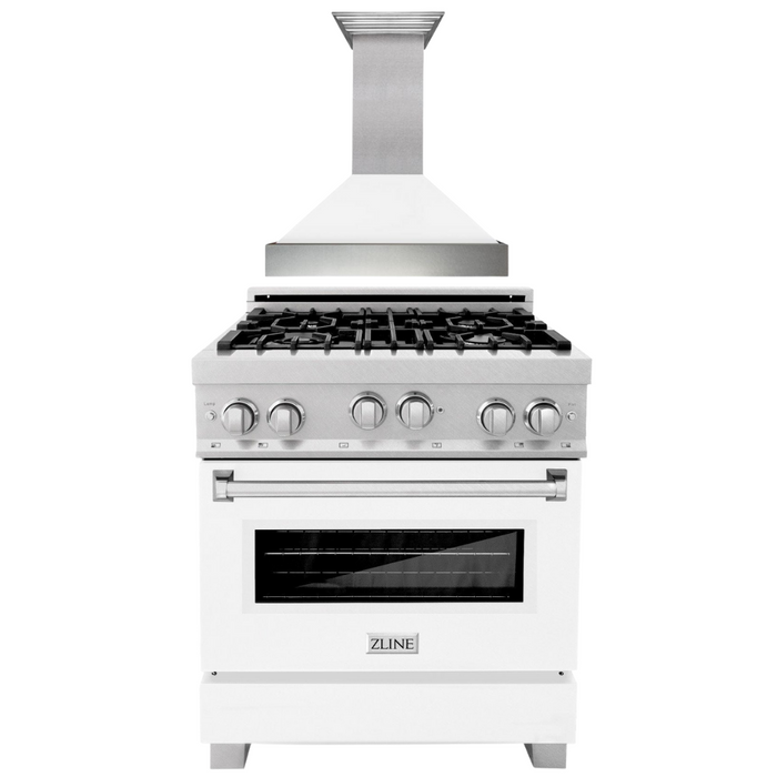 ZLINE 30" Professional Gas Range in DuraSnow® with White Matte Door & 30" Range Hood Appliance Package, 2KP-RGSWMRH30