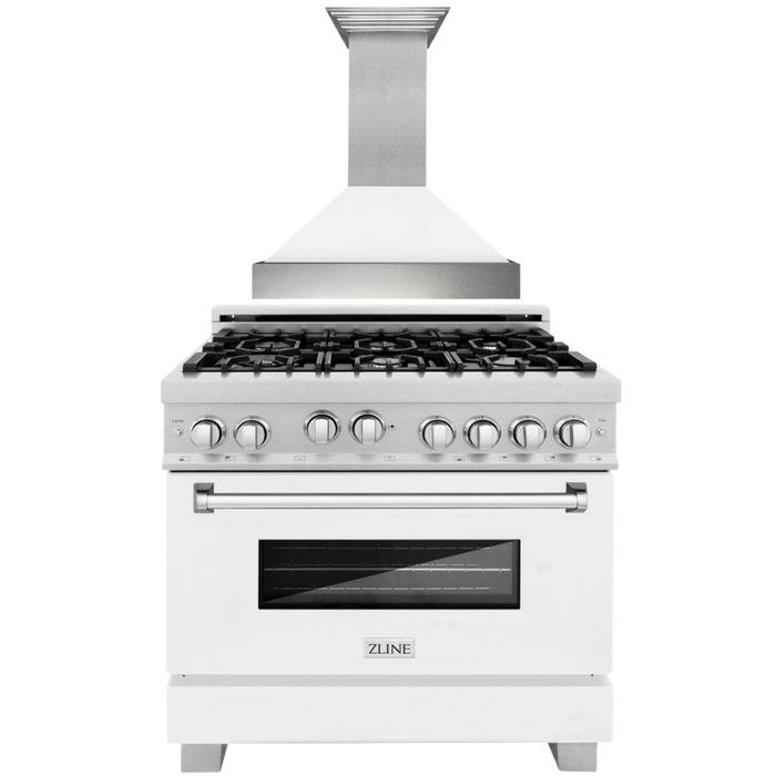 ZLINE 36" Professional Gas Range in DuraSnow® with White Matte Door & 36" Range Hood Appliance Package, 2KP-RGSWMRH36