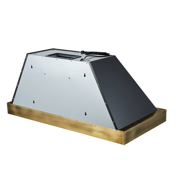 Forno Vittorio 48-Inch Wall Mount Range Hood, Black with Antique Brass Trim, 600 CFM Airflow, Dishwasher-Safe Baffle Filters, Remote Control, 3-Speed Fan, Bright LED Lighting.