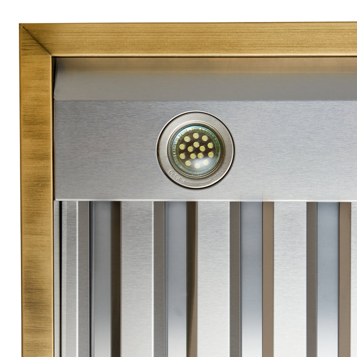 Forno Vittorio 48-Inch Wall Mount Range Hood, Black with Antique Brass Trim, 600 CFM Airflow, Dishwasher-Safe Baffle Filters, Remote Control, 3-Speed Fan, Bright LED Lighting.