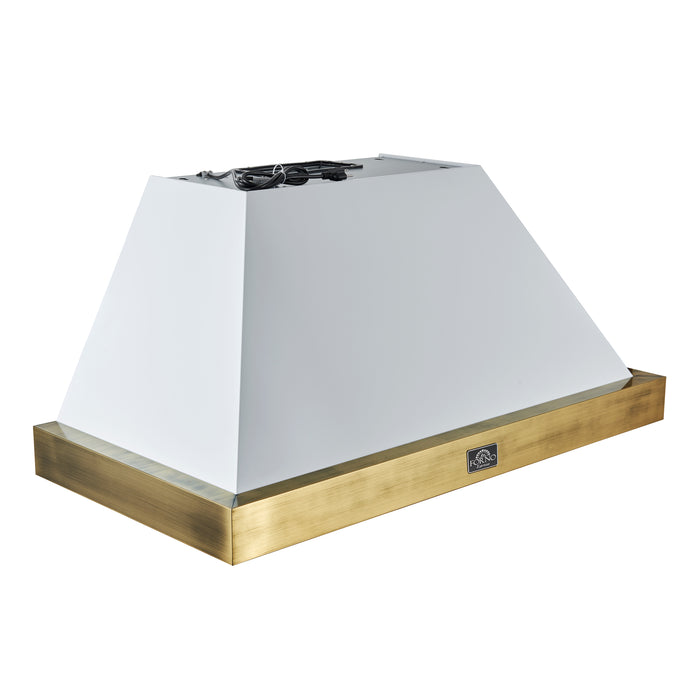Forno Vittorio 48-Inch Wall Mount Range Hood, White with Antique Brass Trim, 600 CFM Airflow, Dishwasher-Safe Baffle Filters, Remote Control, 3-Speed Fan, Bright LED Lighting