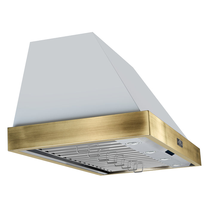 Forno Vittorio 48-Inch Wall Mount Range Hood, White with Antique Brass Trim, 600 CFM Airflow, Dishwasher-Safe Baffle Filters, Remote Control, 3-Speed Fan, Bright LED Lighting