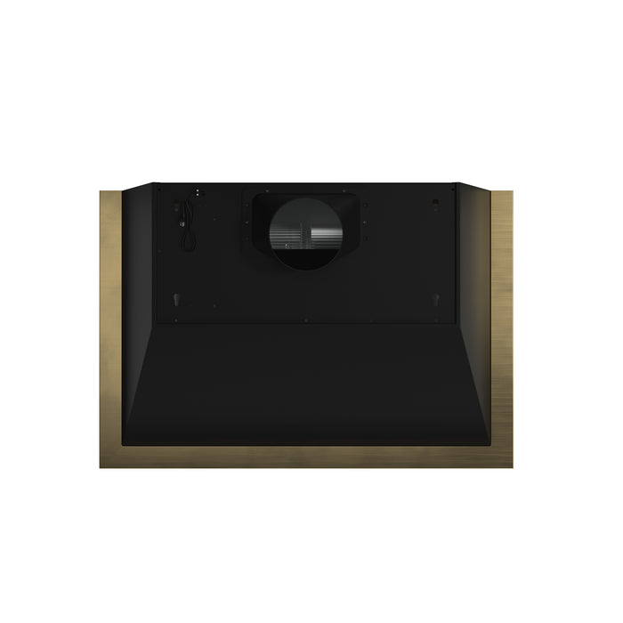 Forno Vittorio 36-Inch Wall Mount Range Hood, Black with Antique Brass Trim, 600 CFM Airflow, Dishwasher-Safe Baffle Filters, Remote Control, 3-Speed Fan, Bright LED Lighting.