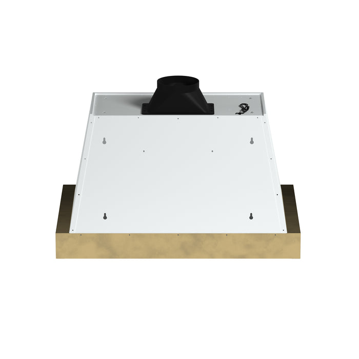 Forno Vittorio 36-Inch Wall Mount Range Hood, White with Antique Brass Trim, 424 CFM Airflow, Dishwasher-Safe Baffle Filters, Remote Control, 3-Speed Fan, Bright LED Lighting.