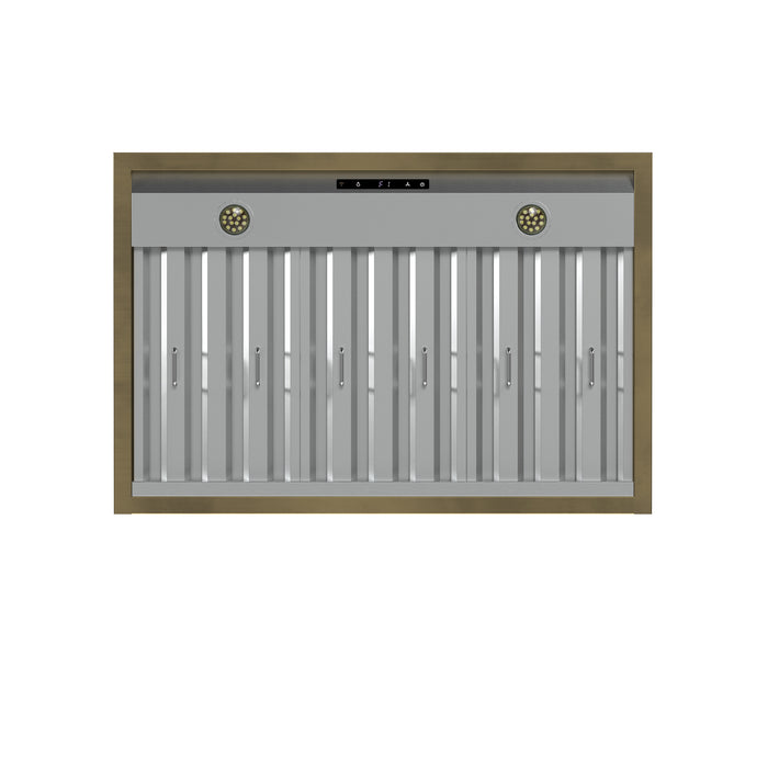 Forno Vittorio 36-Inch Wall Mount Range Hood, White with Antique Brass Trim, 424 CFM Airflow, Dishwasher-Safe Baffle Filters, Remote Control, 3-Speed Fan, Bright LED Lighting.