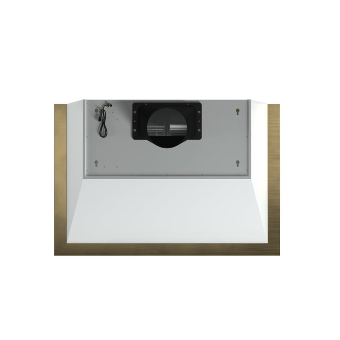 Forno Vittorio 36-Inch Wall Mount Range Hood, White with Antique Brass Trim, 424 CFM Airflow, Dishwasher-Safe Baffle Filters, Remote Control, 3-Speed Fan, Bright LED Lighting.