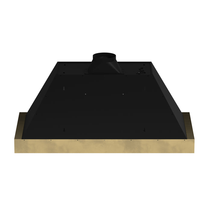 Forno Vittorio 48-Inch Wall Mount Range Hood, Black with Antique Brass Trim, 600 CFM Airflow, Dishwasher-Safe Baffle Filters, Remote Control, 3-Speed Fan, Bright LED Lighting.