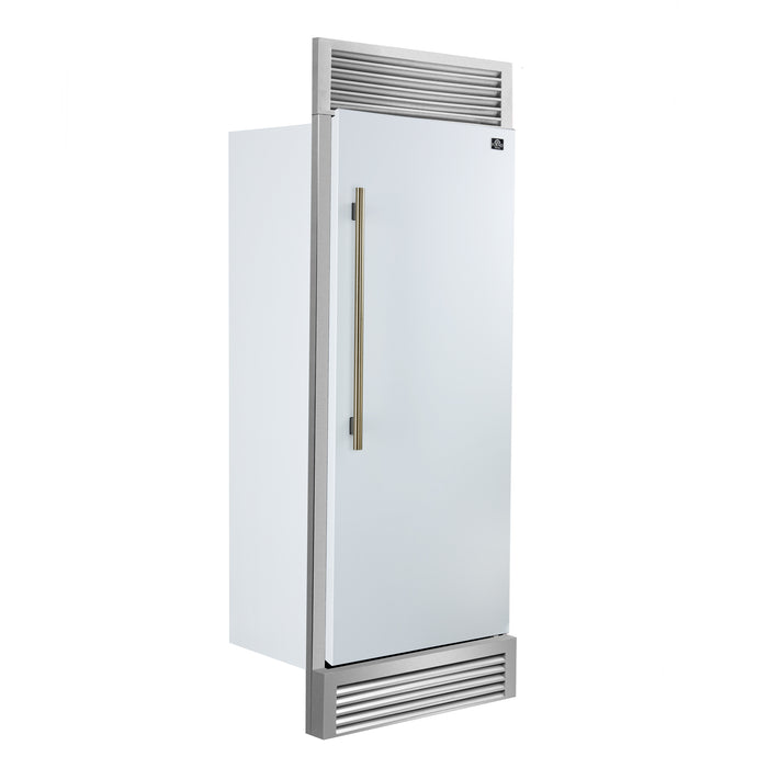 Forno Maderno 28-Inch Built-In Convertible Refrigerator in White with Antique Brass Handle, 13.6 cu.ft. Right Swing with Decorative Trim - 32-Inch Wide