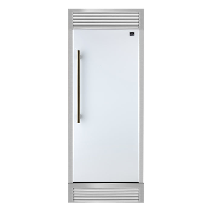 Forno Maderno 28-Inch Built-In Convertible Refrigerator in White with Antique Brass Handle, 13.6 cu.ft. Right Swing with Decorative Trim - 32-Inch Wide