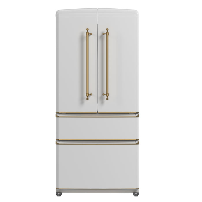 Forno Luigi 33-Inch French Door Refrigerator, 18 cu.ft, White Finish, Antique Brass Handles, ENERGY STAR Certified