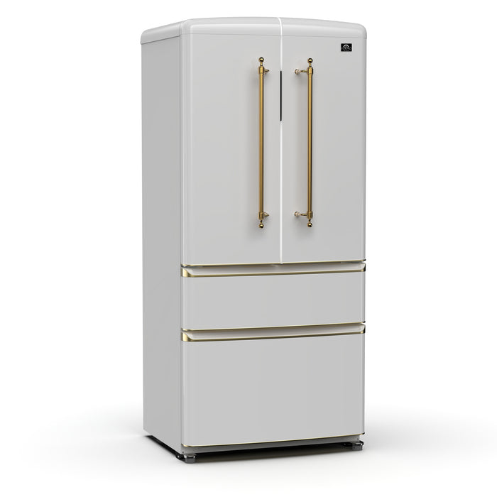 Forno Luigi 33-Inch French Door Refrigerator, 18 cu.ft, White Finish, Antique Brass Handles, ENERGY STAR Certified