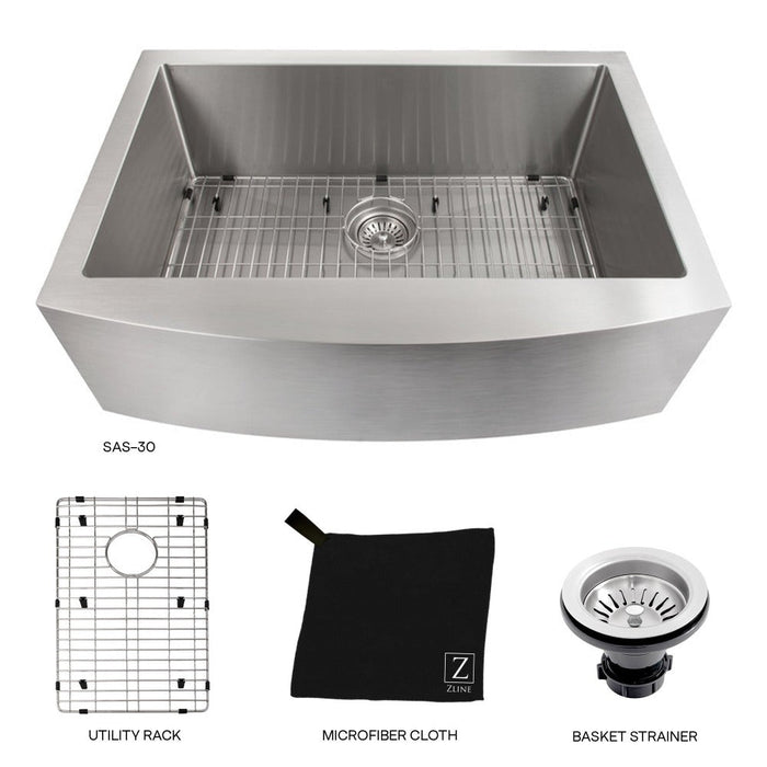 ZLINE Zermatt 30 in. Farmhouse Apron Mount Single Bowl Stainless Steel Kitchen Sink with Bottom Grid (SAS-30)