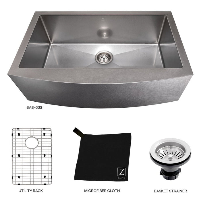 ZLINE Vail 33 in. Farmhouse Apron Mount Single Bowl Stainless Steel Kitchen Sink with Bottom Grid (SAS-33)