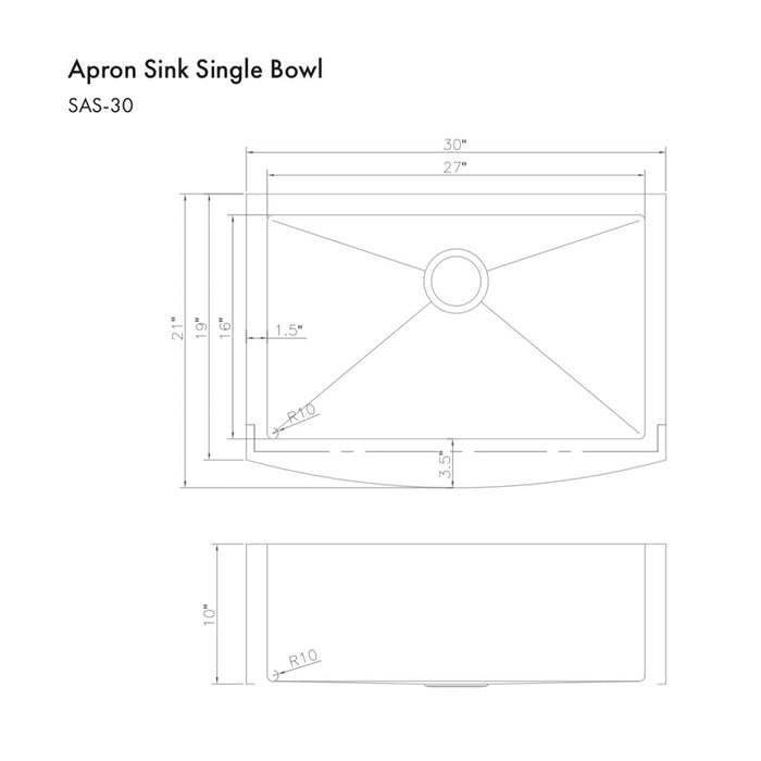 ZLINE Zermatt 30 in. Farmhouse Apron Mount Single Bowl Stainless Steel Kitchen Sink with Bottom Grid (SAS-30)