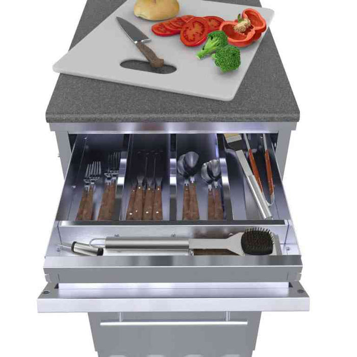 Sunstone 18″Combo Paper Towel Holder/Cutlery Drawer with Cutting Board & Insulated Ice Chest Dry Storage Drawer with Drain – SBC18DPIC